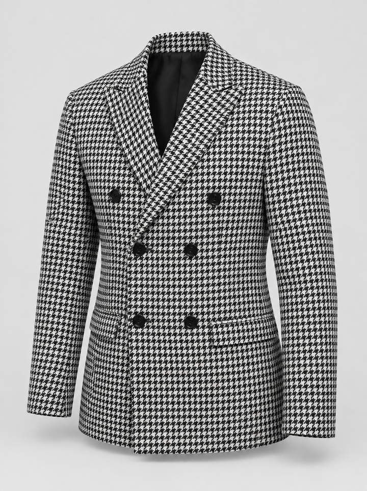 Blazer croisé pied-de-poule noir et blanc, vue isolée de trois quarts