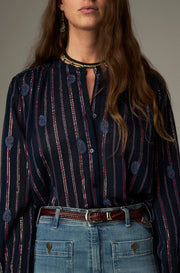 Blouse rayée brodée à col officier