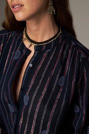 Blouse rayée brodée à col officier