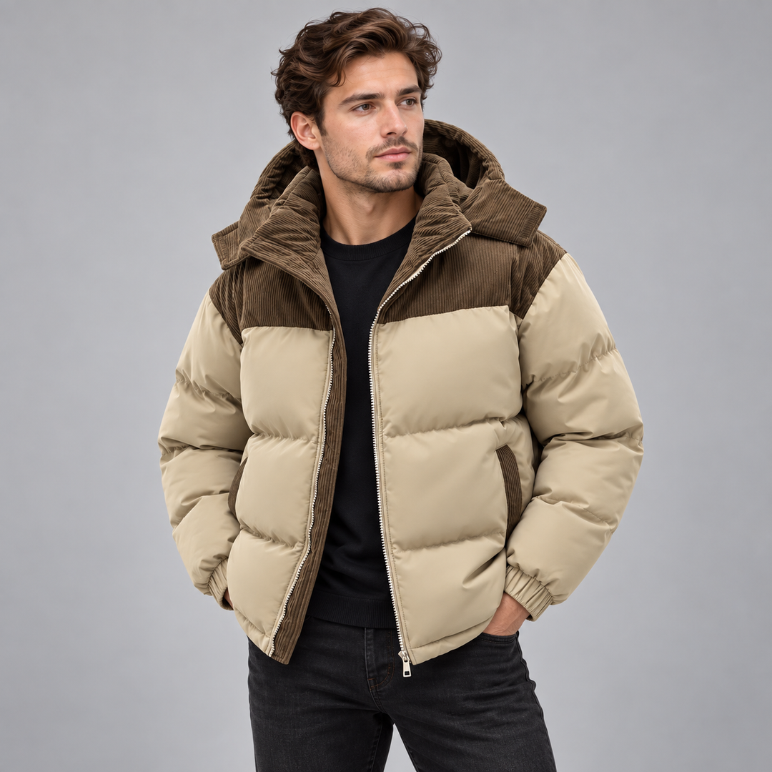 Blouson bicolore beige et brun à capuche porté par un homme, vue de trois quarts