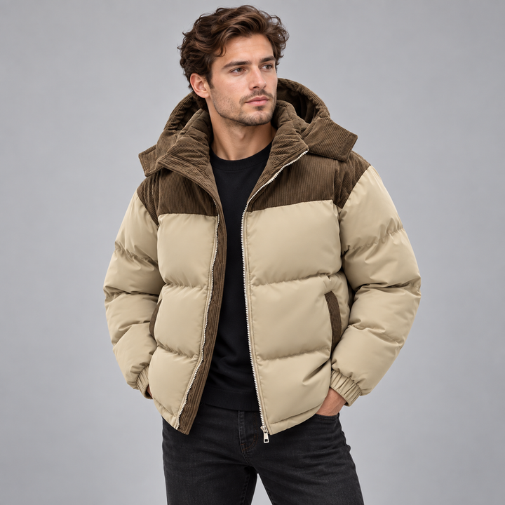 Blouson bicolore beige et brun à capuche porté par un homme, vue de trois quarts