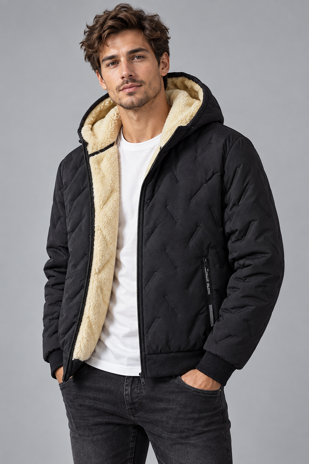 Homme portant le blouson matelassé noir à capuche, vue de trois quarts, doublure beige visible