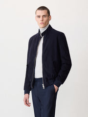 Blouson cuir nubuck bleu marine — vue portée de trois-quarts en pied