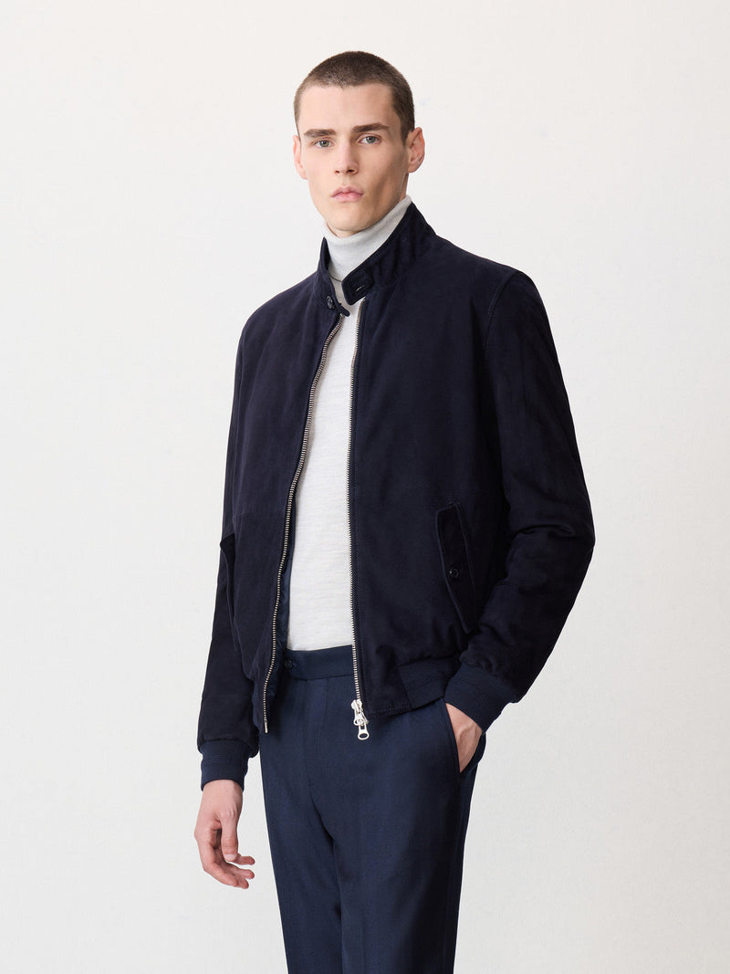 Blouson cuir nubuck bleu marine — vue portée de trois-quarts en pied