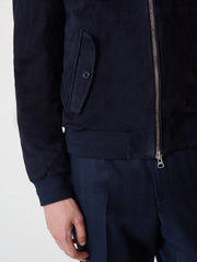 Blouson cuir nubuck bleu marine — gros plan poche latérale