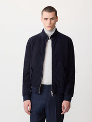 Blouson cuir nubuck bleu marine — vue portée de face, mi-corps