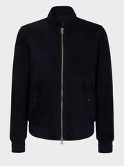 Blouson cuir nubuck bleu marine — pièce isolée, vue de face