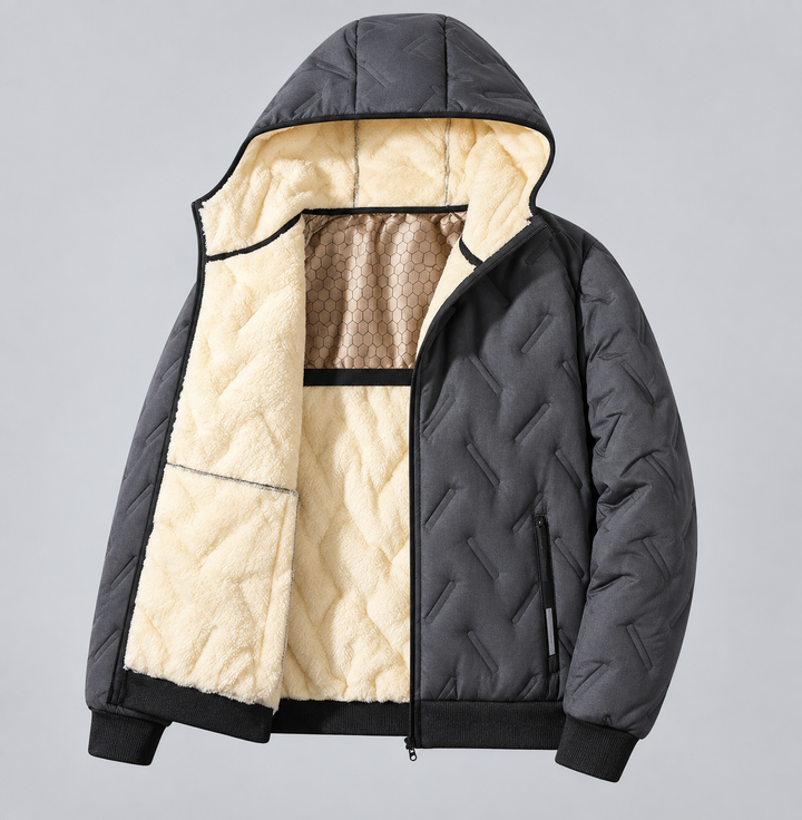 Blouson à capuche matelassé gris moyen, vue avant ouverte, doublure crème