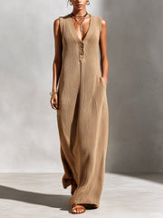 Robe camel col en V — vue portée en pied, de face