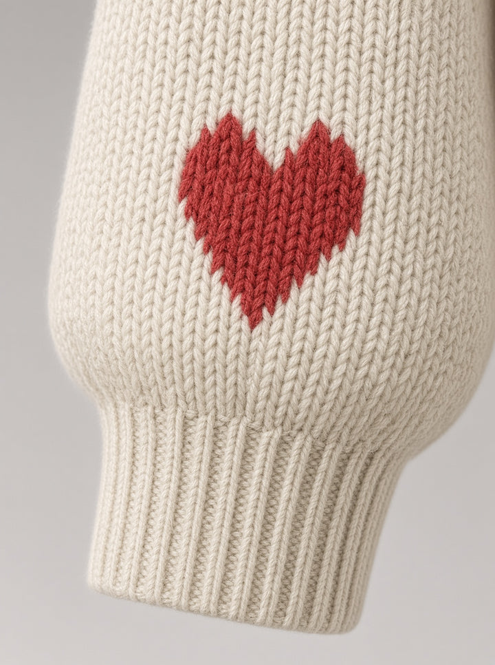 Cardigan long blanc cassé à cœurs rouges — détail du poignet côtelé