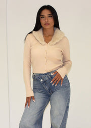 Cardigan à col en fausse fourrure beige