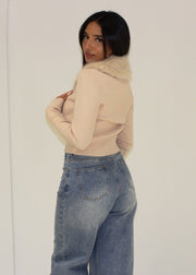Cardigan à col en fausse fourrure beige