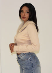 Cardigan à col en fausse fourrure beige