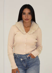 Cardigan à col en fausse fourrure beige