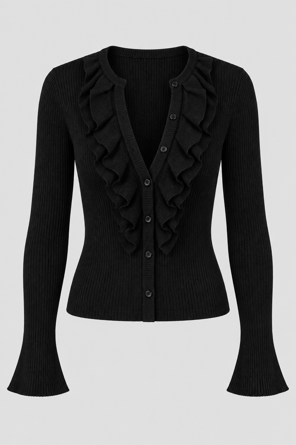 Cardigan noir côtelé à volants et poignets évasés, pièce isolée de face