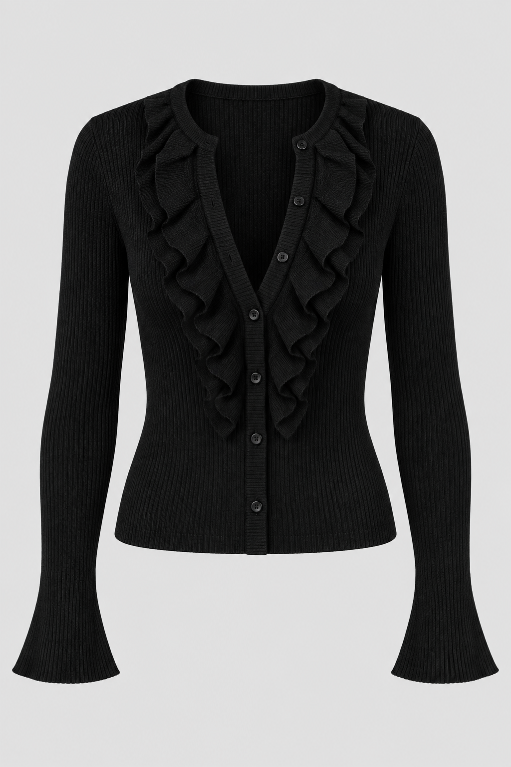 Cardigan noir côtelé à volants et poignets évasés, pièce isolée de face