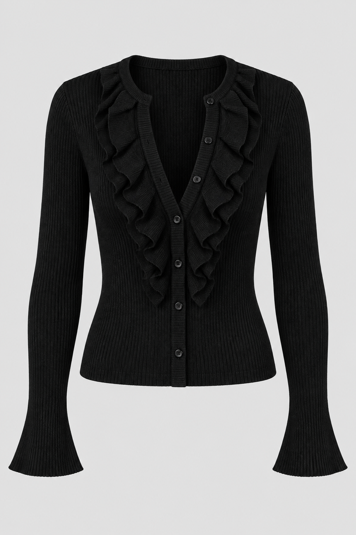 Cardigan noir côtelé à volants et poignets évasés, pièce isolée de face