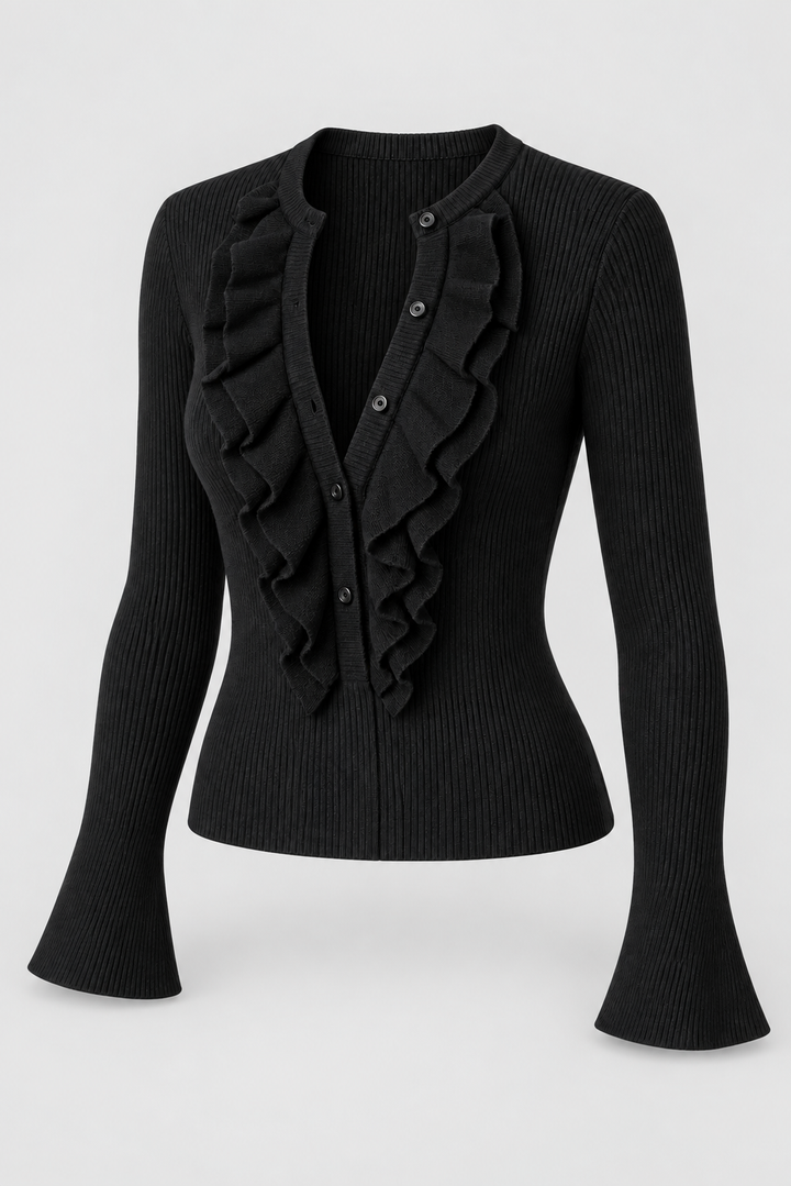 Cardigan noir côtelé à volants et poignets évasés, pièce isolée de trois quarts