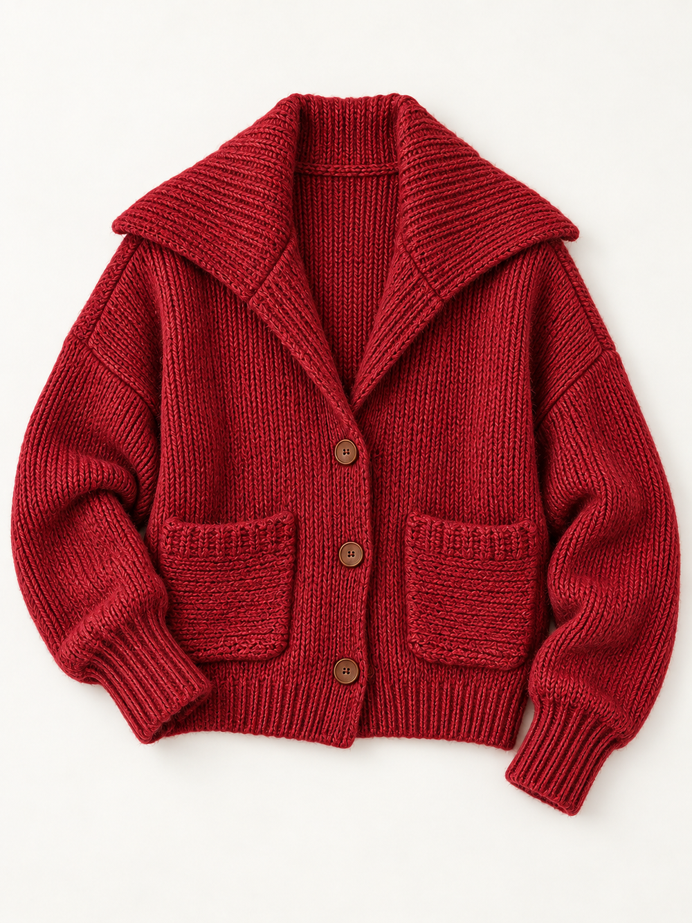 Cardigan vermelho de malha com gola larga, bolsos e três botões, vista isolada de frente