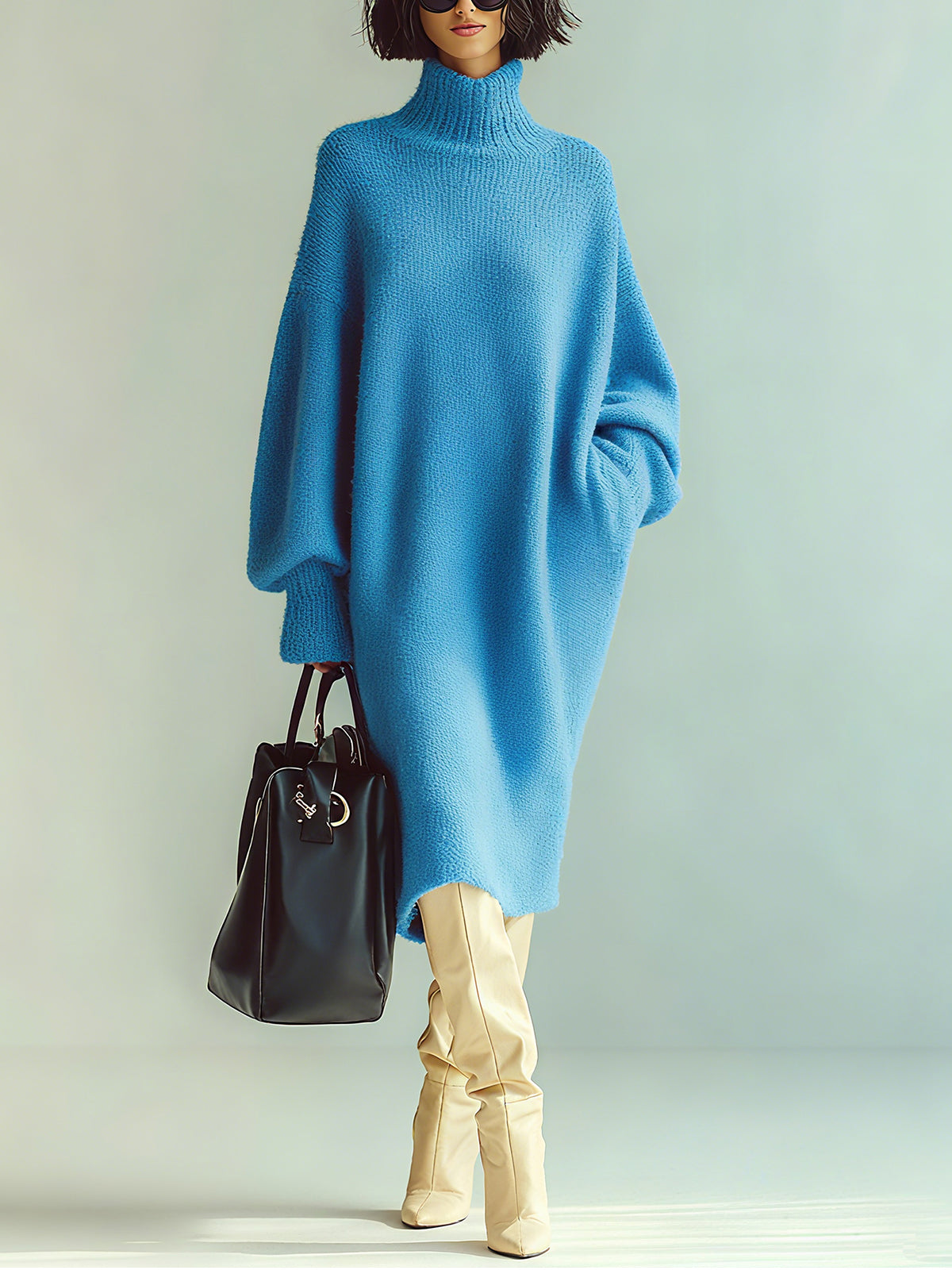 Robe midi bleue col roulé — vue portée en pied, bottes crème et grand sac noir