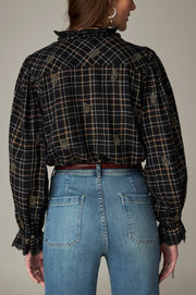 Blouse noire à carreaux fins — vue de dos, empiècement aux épaules