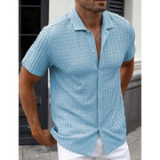 Chemise rayée à manches courtes bleu clair — vue portée de face