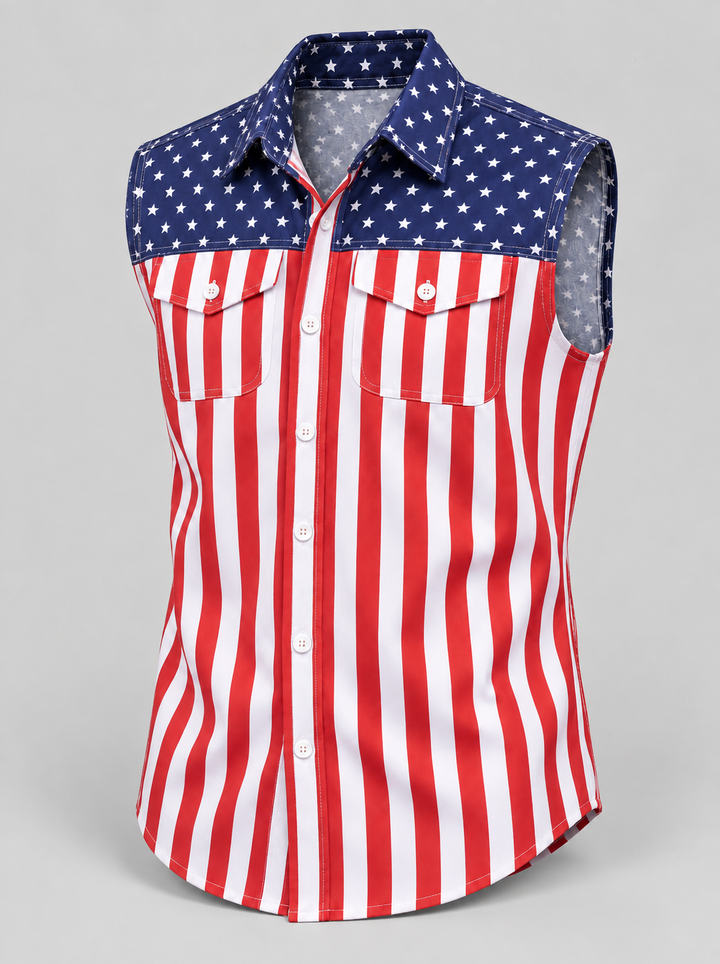 Chemise sans manches drapeau américain, vue isolée de trois quarts sur fond gris clair