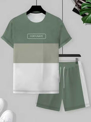 Ensemble t-shirt short deux coloris vert sauge et blanc — vue à plat, t-shirt et short