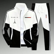 Ensemble zippé à bandes contrastantes — noir et blanc, veste col montant et pantalon