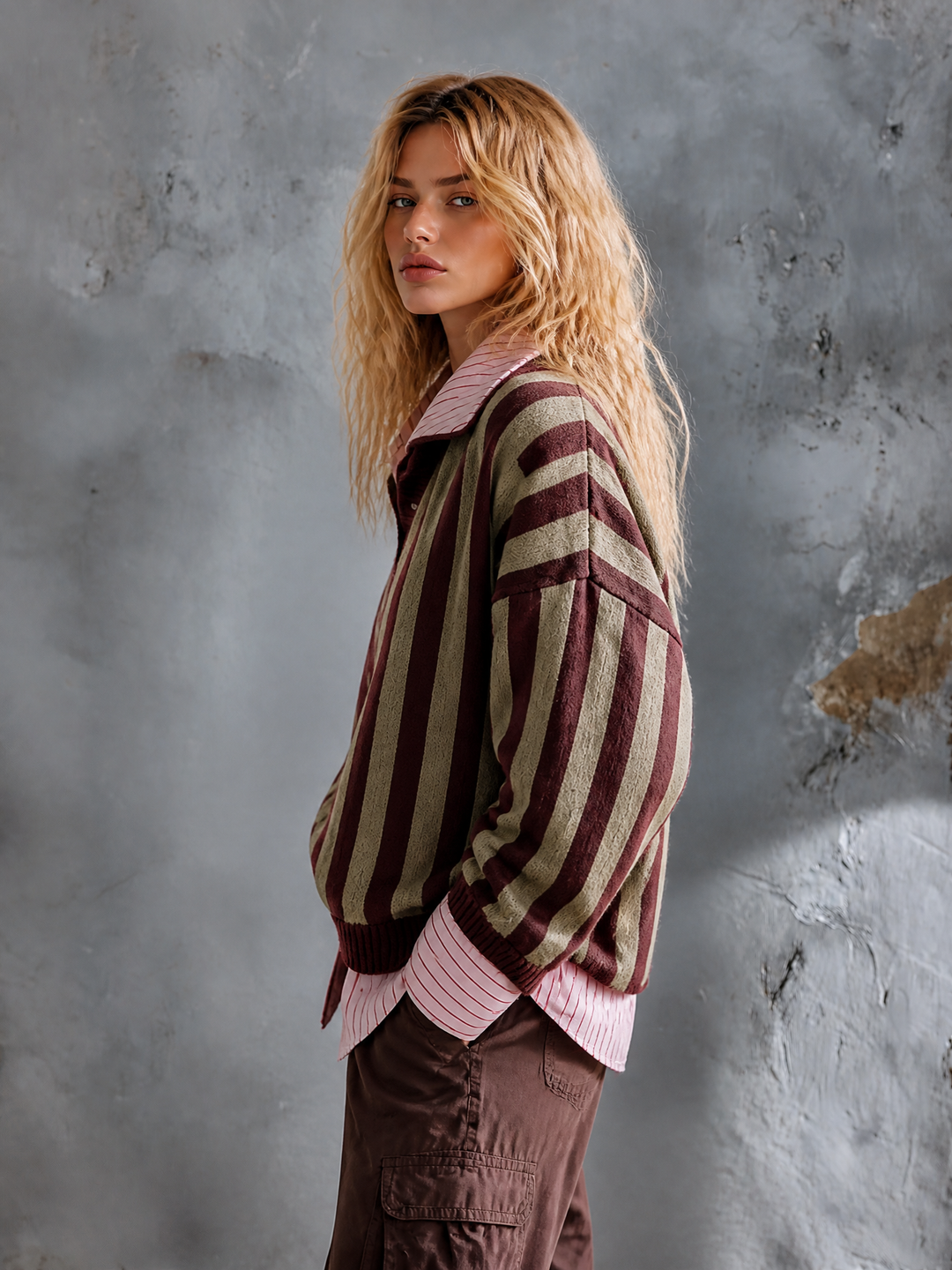 Pull à rayures olive et bordeaux — vue de dos. Soniel Paris.