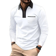 Polo à col zippé contrastant blanc, col noir — vue portée de face
