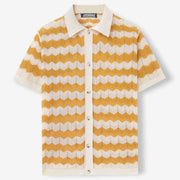 Polo maille ajourée ondulée jaune moutarde et blanc — vue à plat, de face