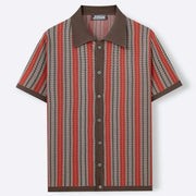 Chemise tricotée à manches courtes marron, orange et blanc — vue à plat, de face