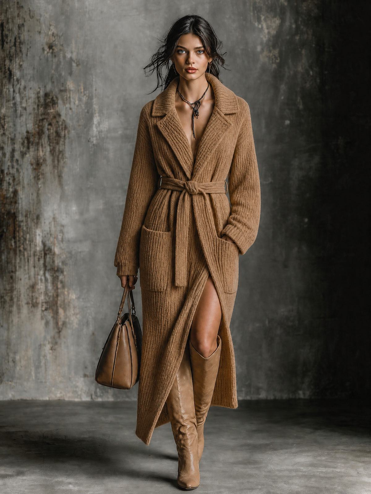 Cardigan long camel à ceinture — vue en pied.