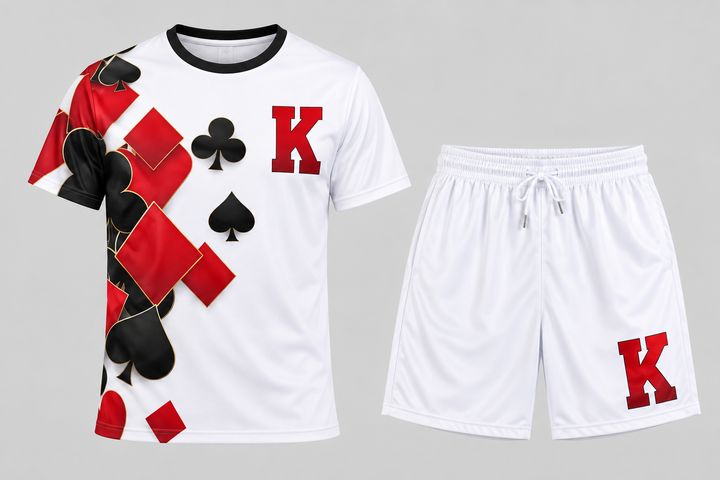 Ensemble sport blanc à motif cartes, t-shirt et short isolés vue de face