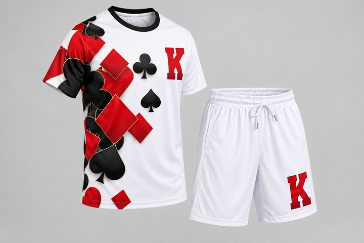 Ensemble sport blanc à motif cartes, t-shirt et short isolés vue de trois quarts