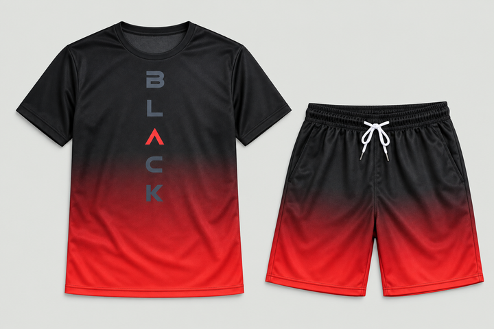 Ensemble t-shirt et short dégradés rouge, pièce isolée vue de face