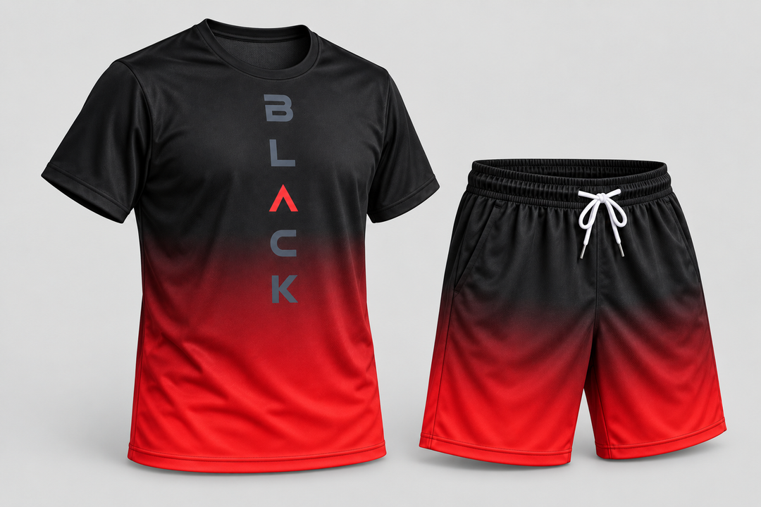 Ensemble t-shirt et short dégradés rouge, pièce isolée vue de trois quarts