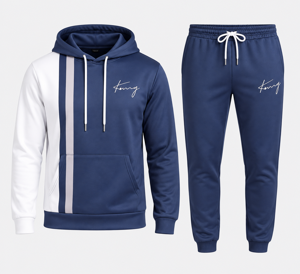 Ensemble sweat à capuche bicolore bleu marine et pantalon, vue isolée de face