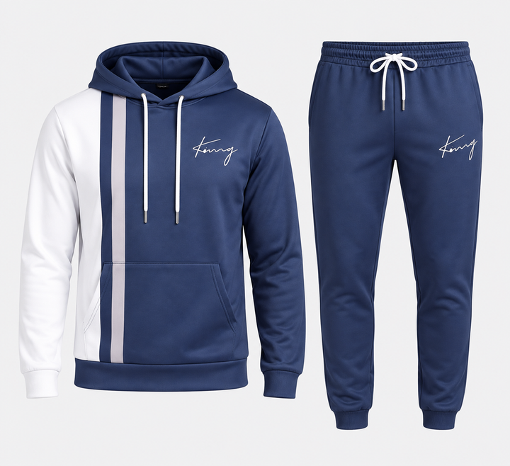 Ensemble sweat à capuche bicolore bleu marine et pantalon, vue isolée de face