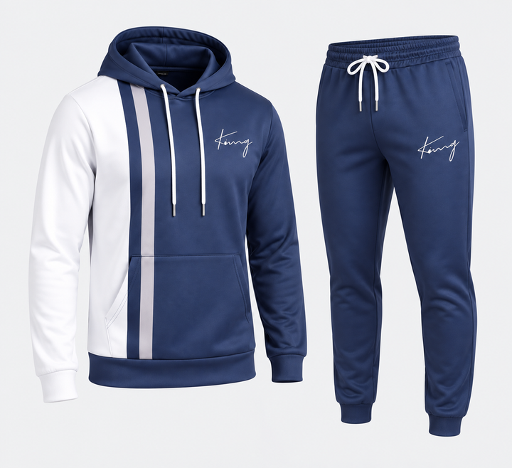 Ensemble sweat à capuche bicolore bleu marine et pantalon, vue isolée de trois quarts