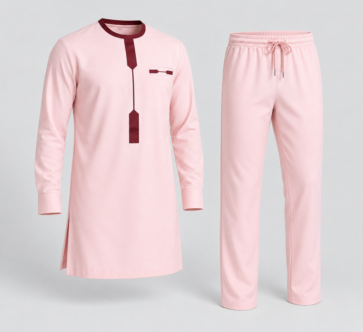 Ensemble tunique et pantalon rose, vue isolée de trois quarts