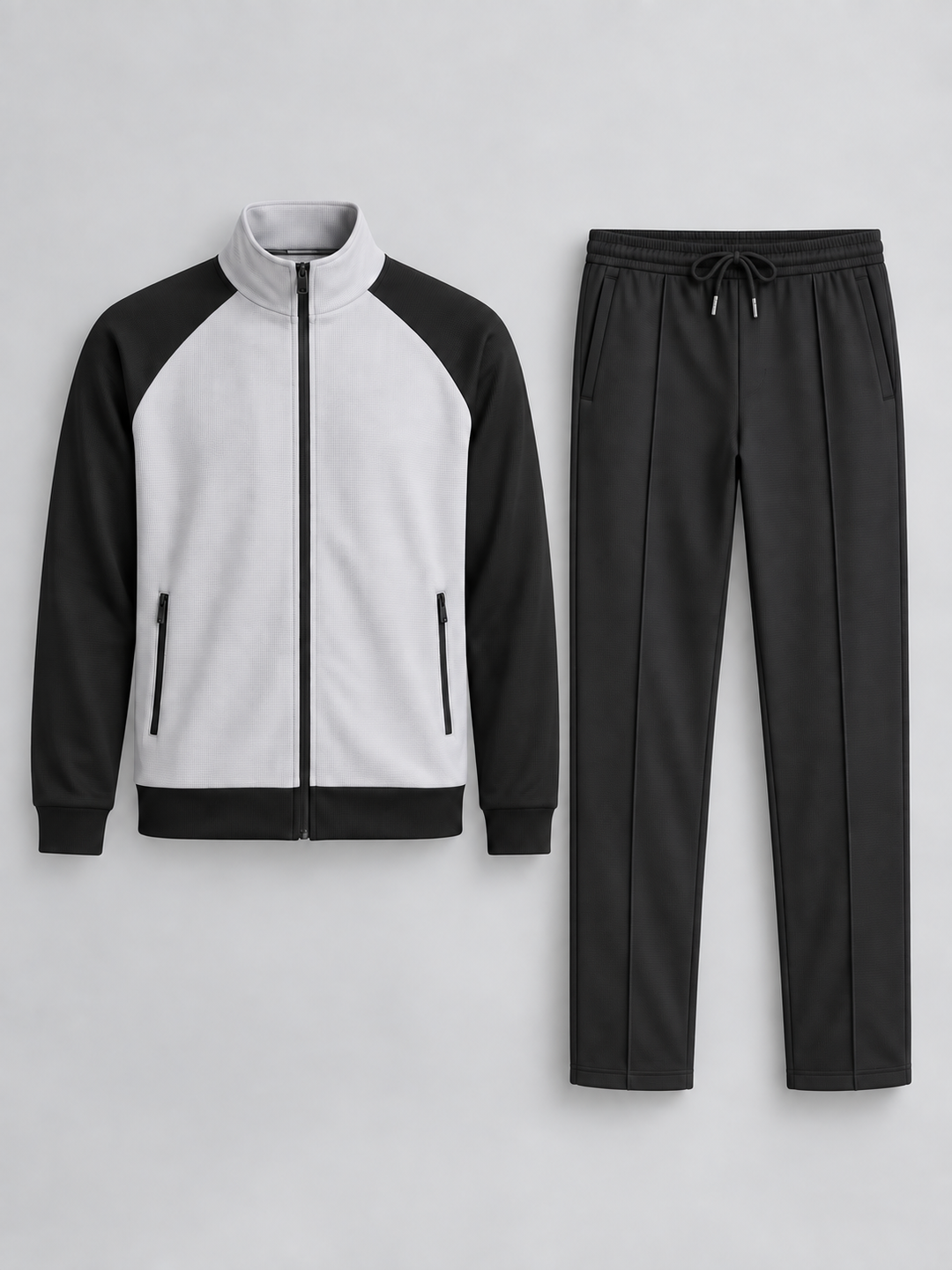 Ensemble veste bicolore grise et pantalon noir, vue isolée de face