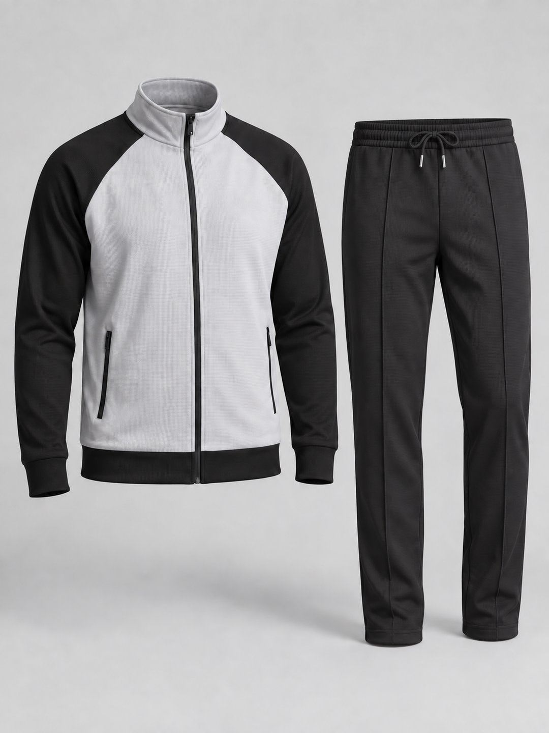 Ensemble veste bicolore grise et pantalon noir, vue isolée de trois quarts