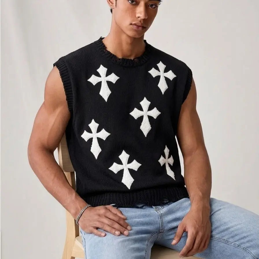 Pull sans manches motifs croix noir — vue portée assise