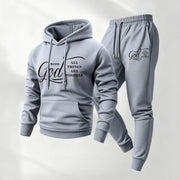 Ensemble sweat capuche imprimé jogging — gris clair présenté à plat, sweat et jogging