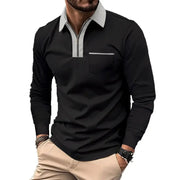 Polo à col zippé contrastant noir, col gris clair — vue portée de face