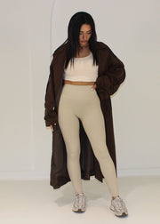 Legging côtelé taille haute beige, vue portée de face
