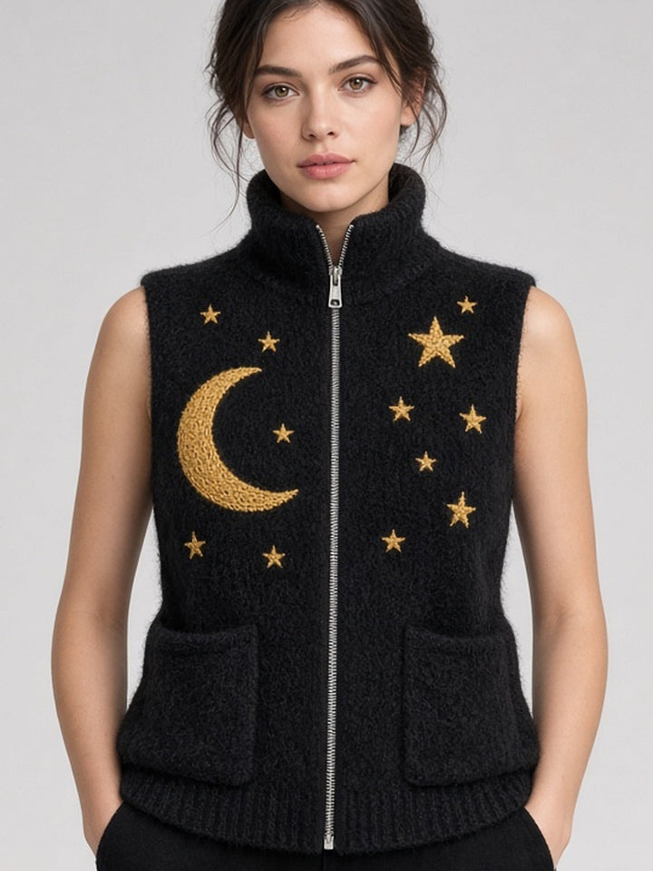 Gilet zippé noir à motifs de lunes — vue de face