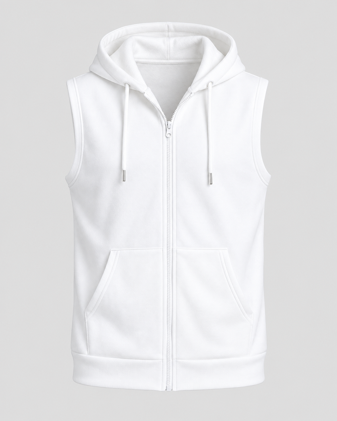 Gilet blanc sans manches à capuche, vue isolée de face